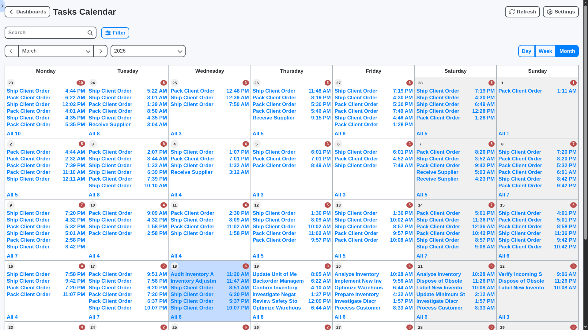 inventory management monthly task calendar dashboard