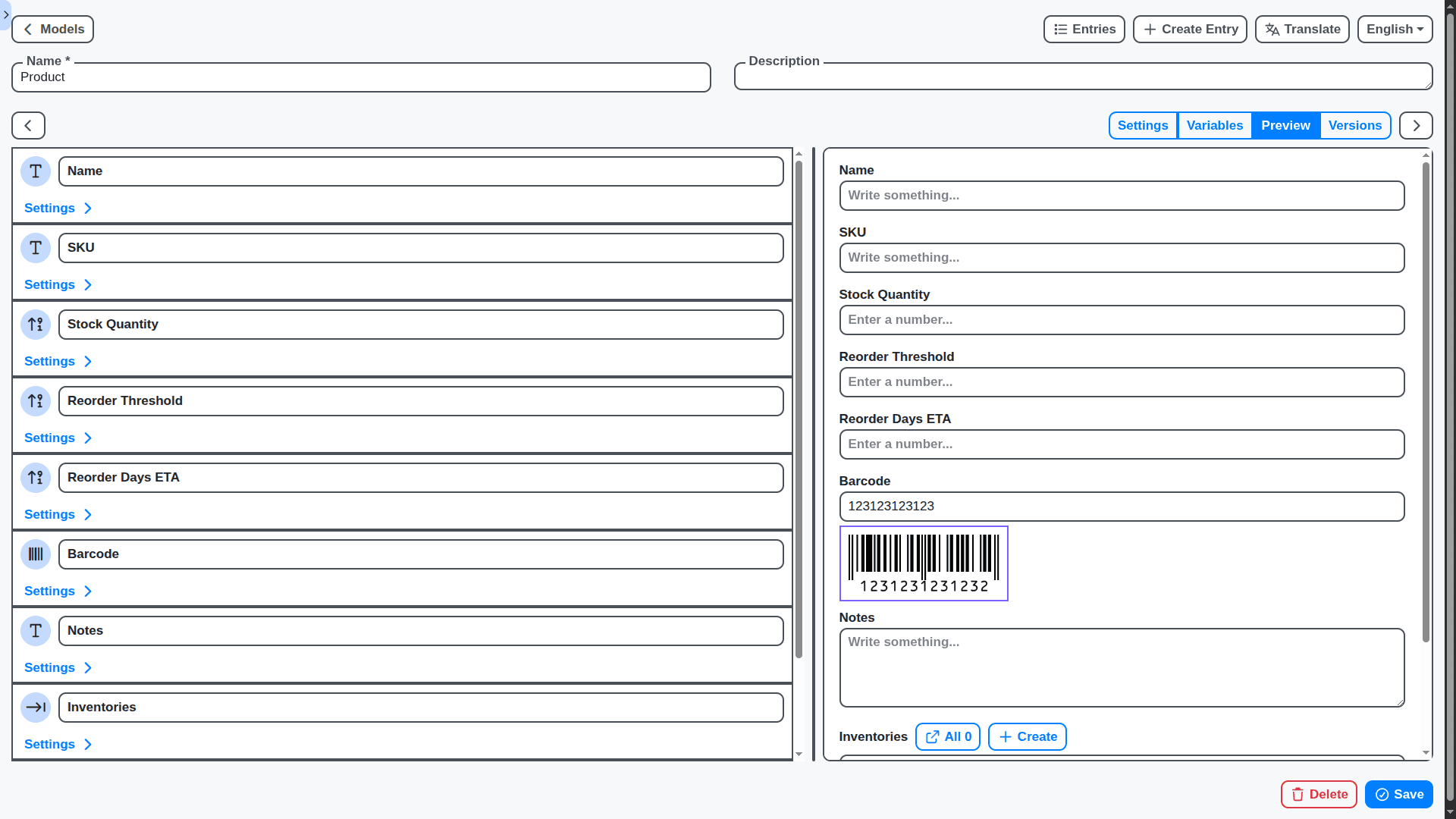 inventory management product model designer