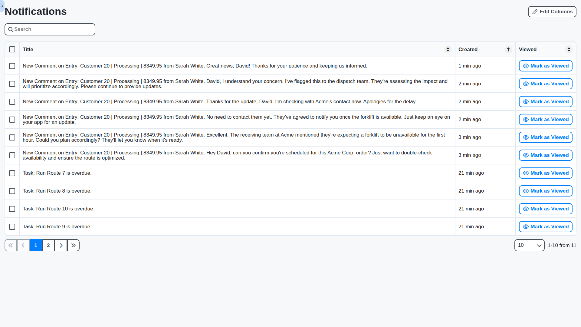 logistics management - notifications list