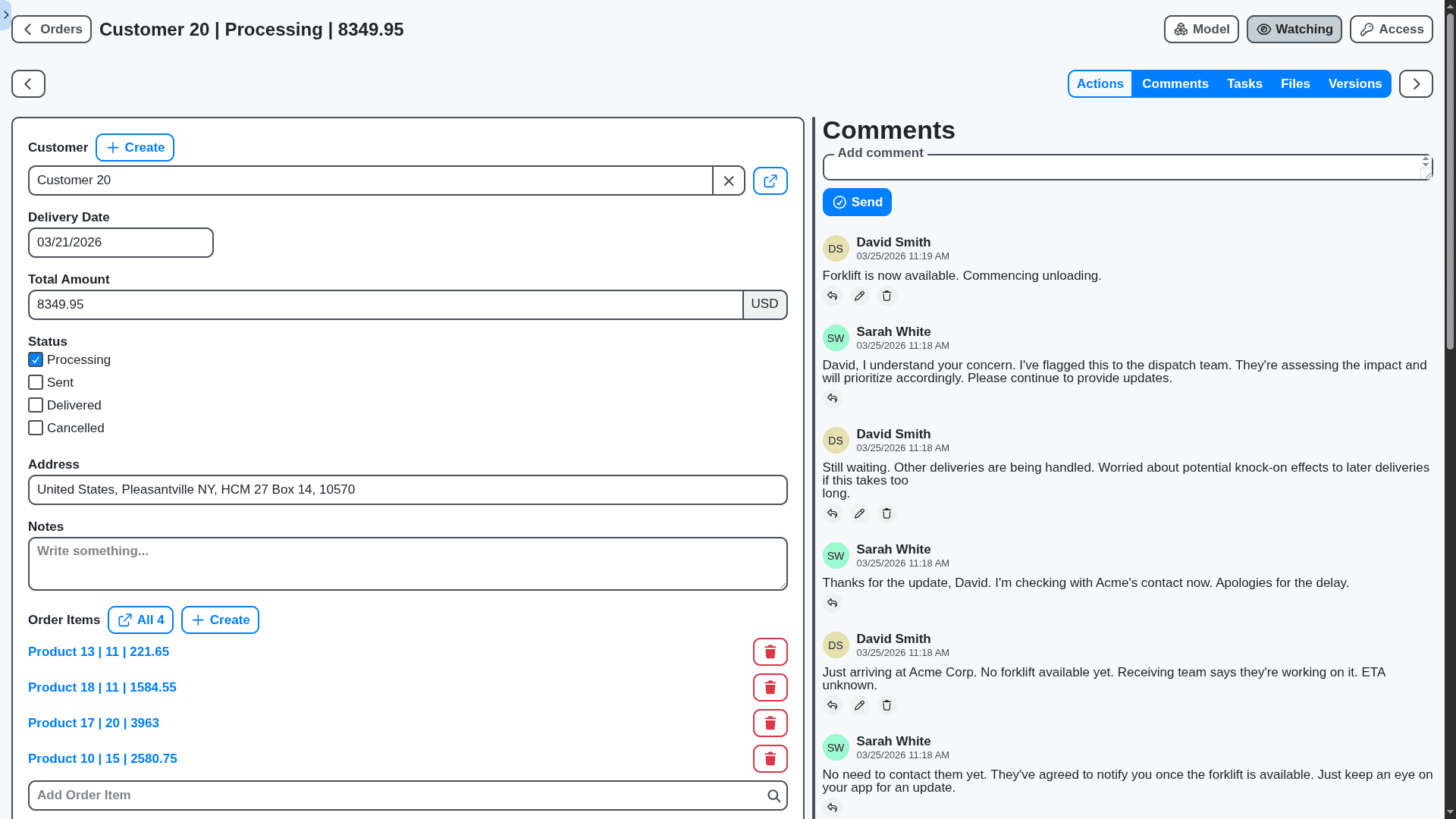 logistics management - order comments section between manager and driver
