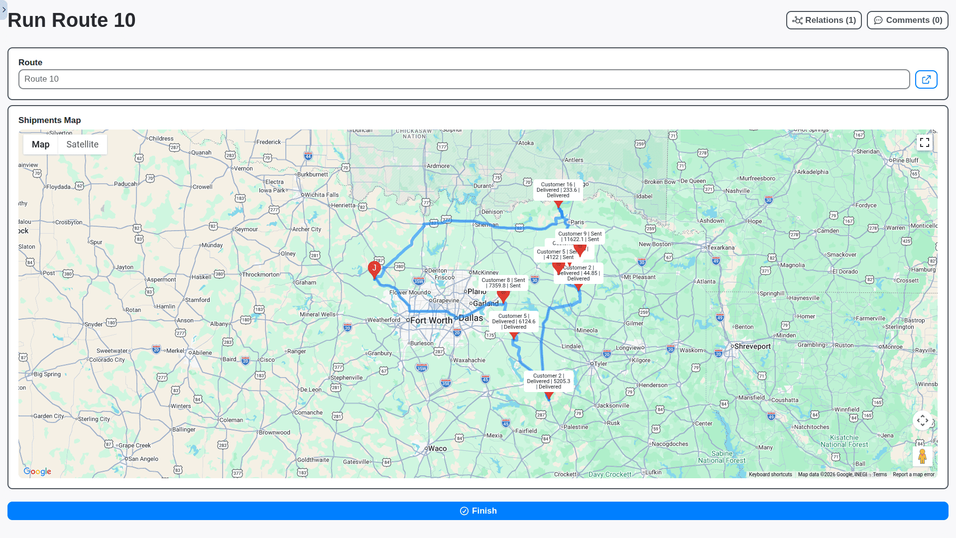logistics management - run shipments route task with stops on map