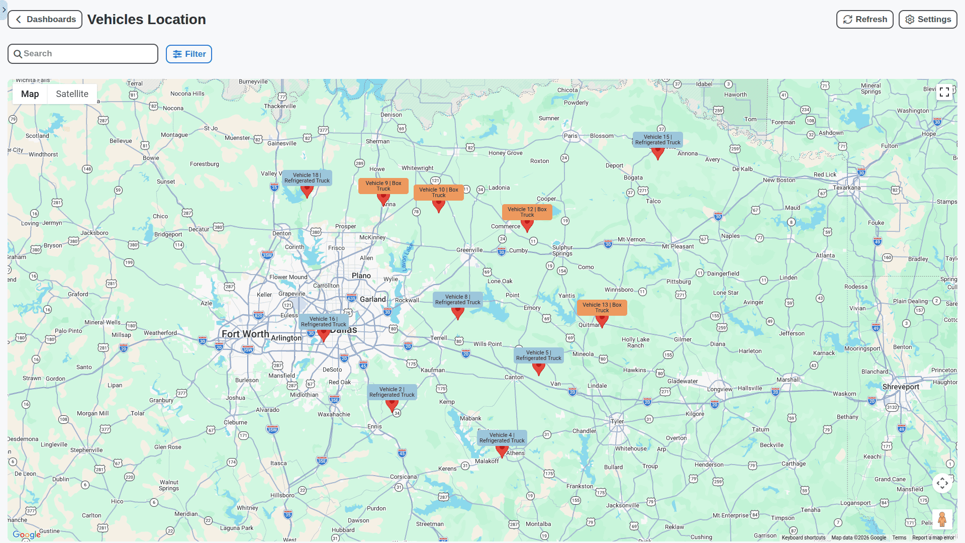 logistics management - vehicles location map dashboard