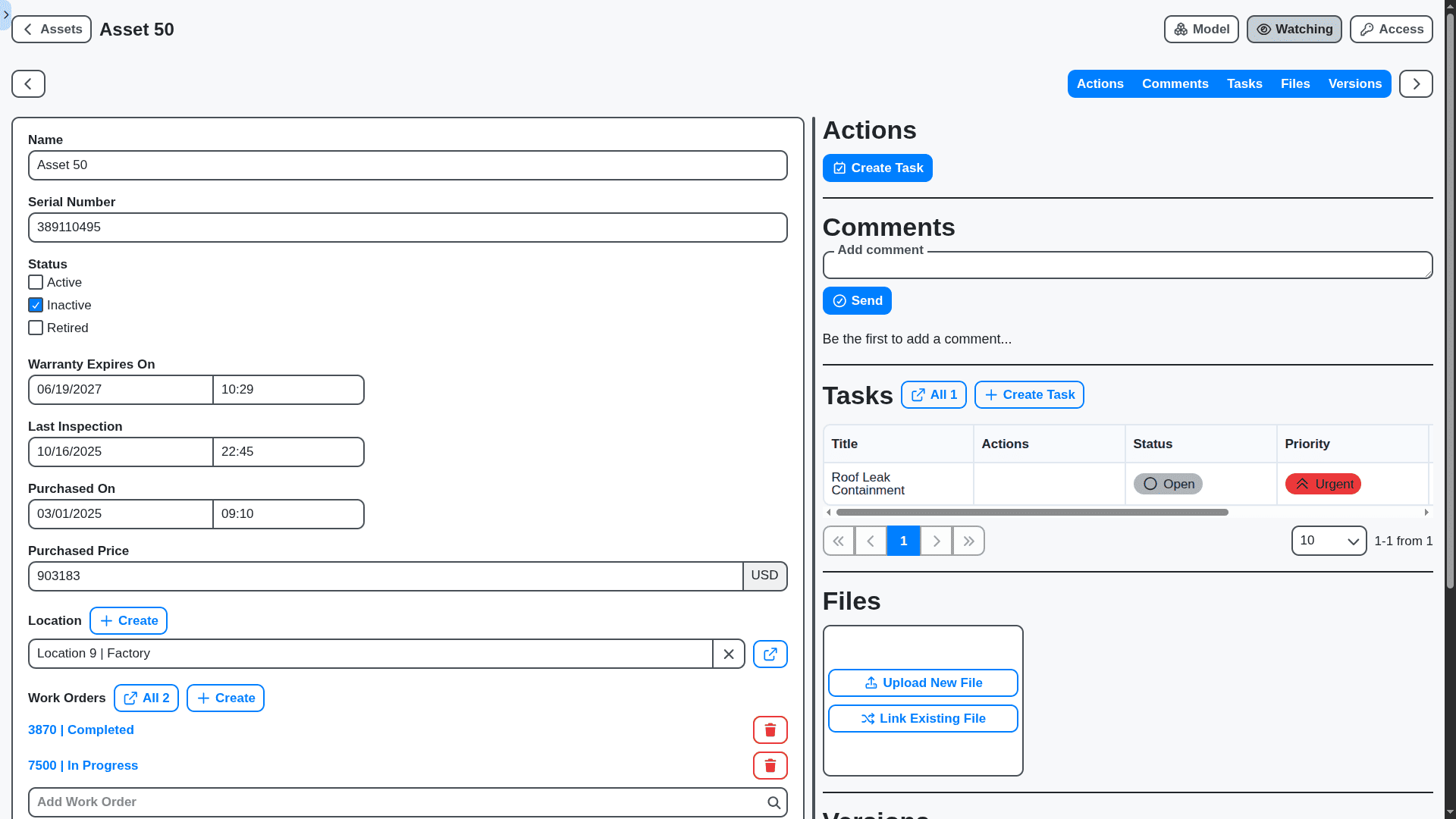 maintenance management asset detail page