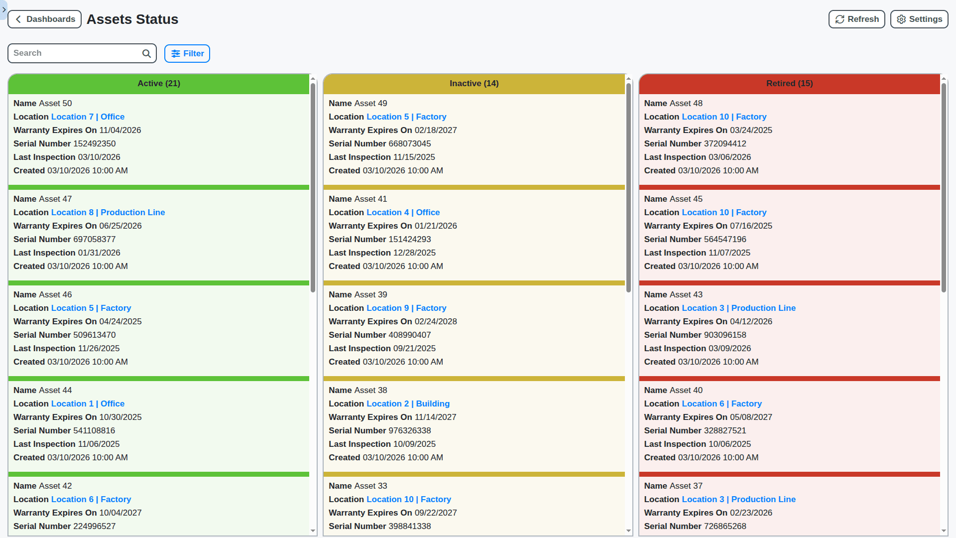maintenance management assets board screenshot