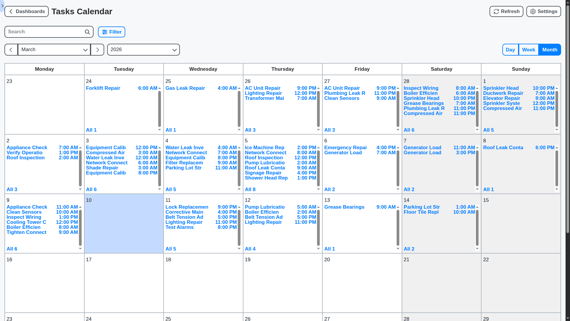 maintenance management task calendar dashboard