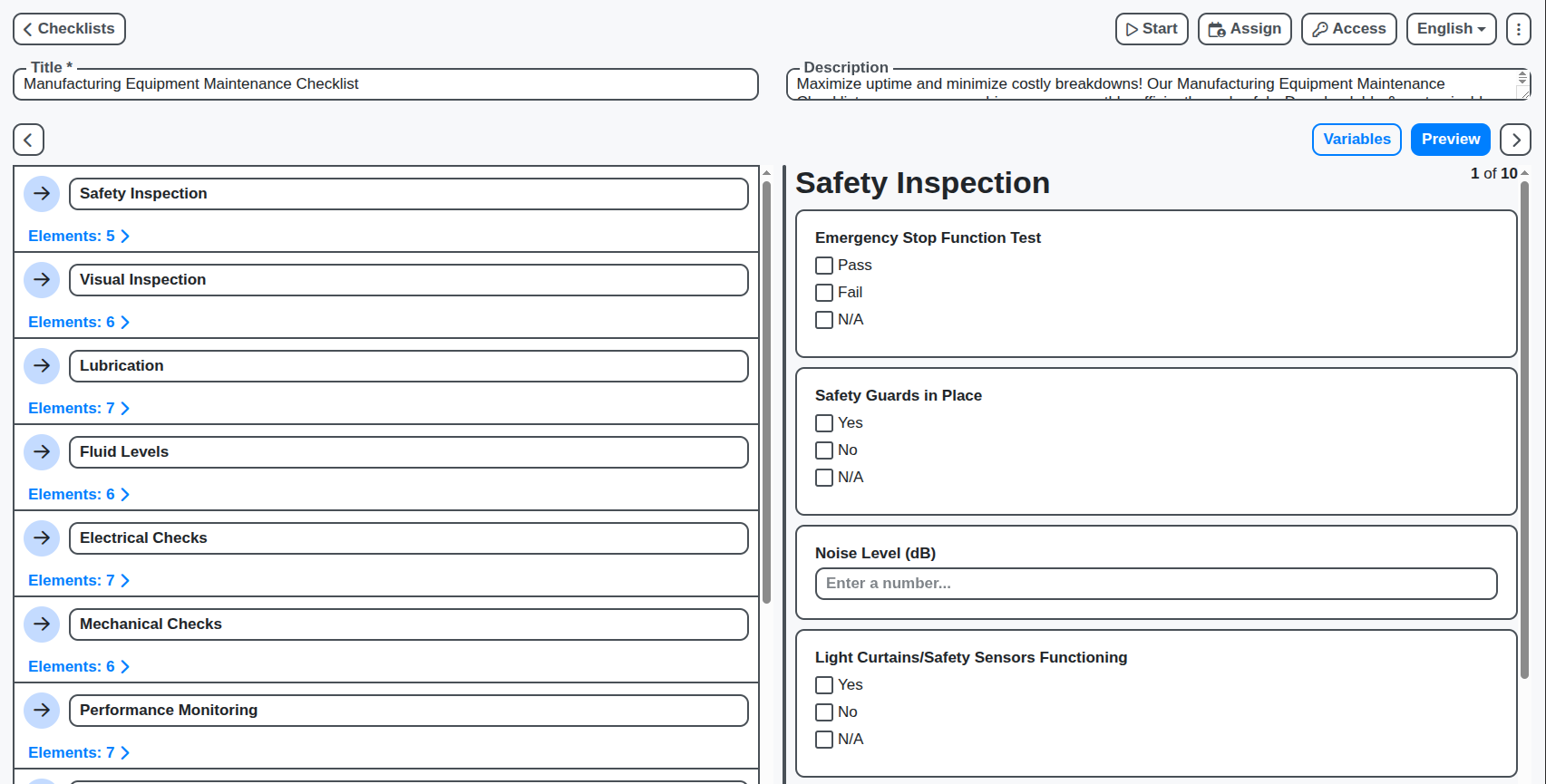 manufacturing equipment maintenance checklist screenshot
