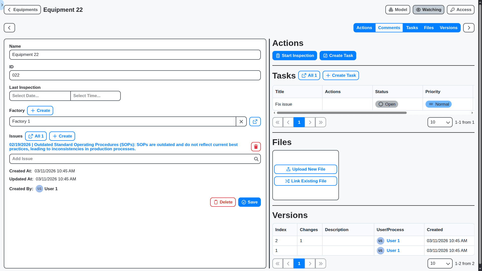 manufacturing management equipment detail page