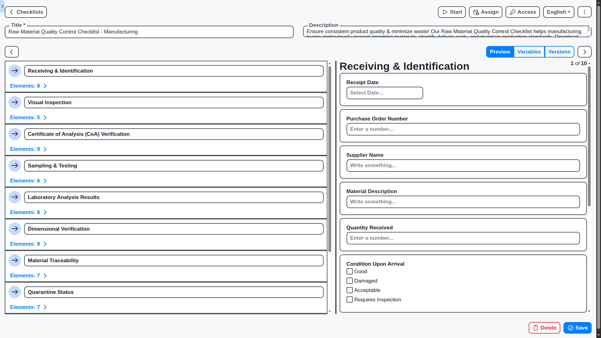 manufacturing management raw material quality control checklist