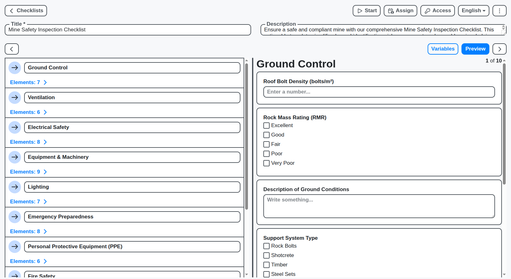 mine safety checklist screenshot