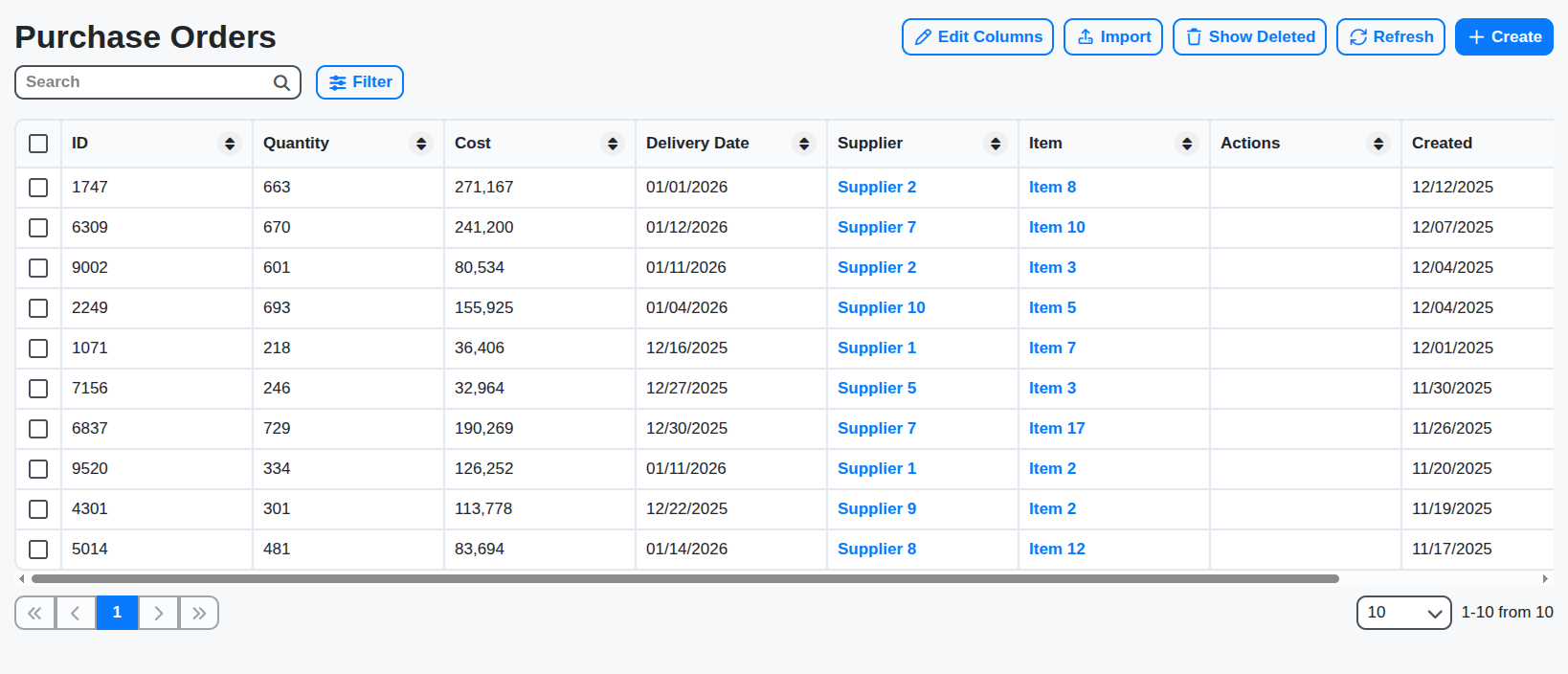 mrp purchase orders table screenshot