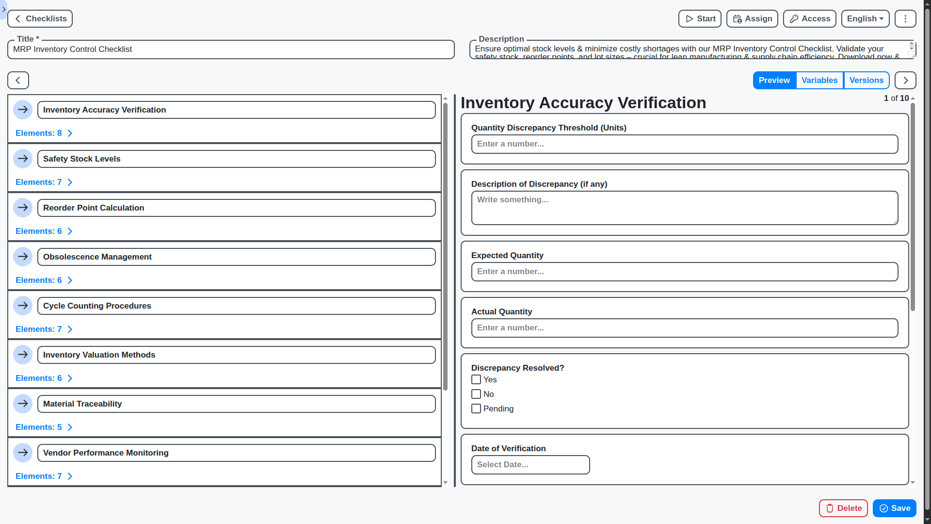 MRP - inventory control checklist