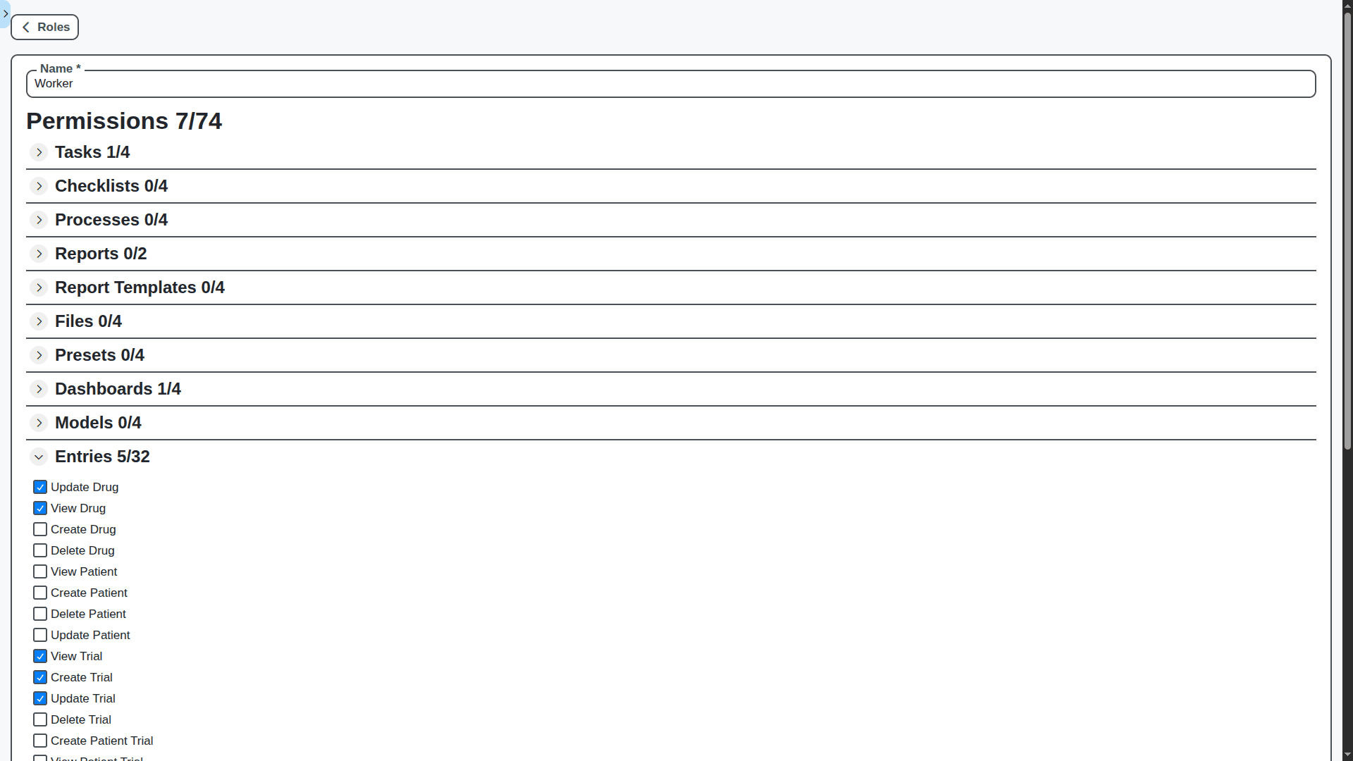 pharmaceutical management - worker role permissions page
