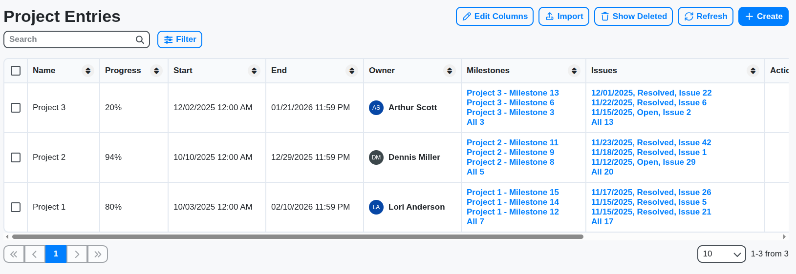 project management projects table
