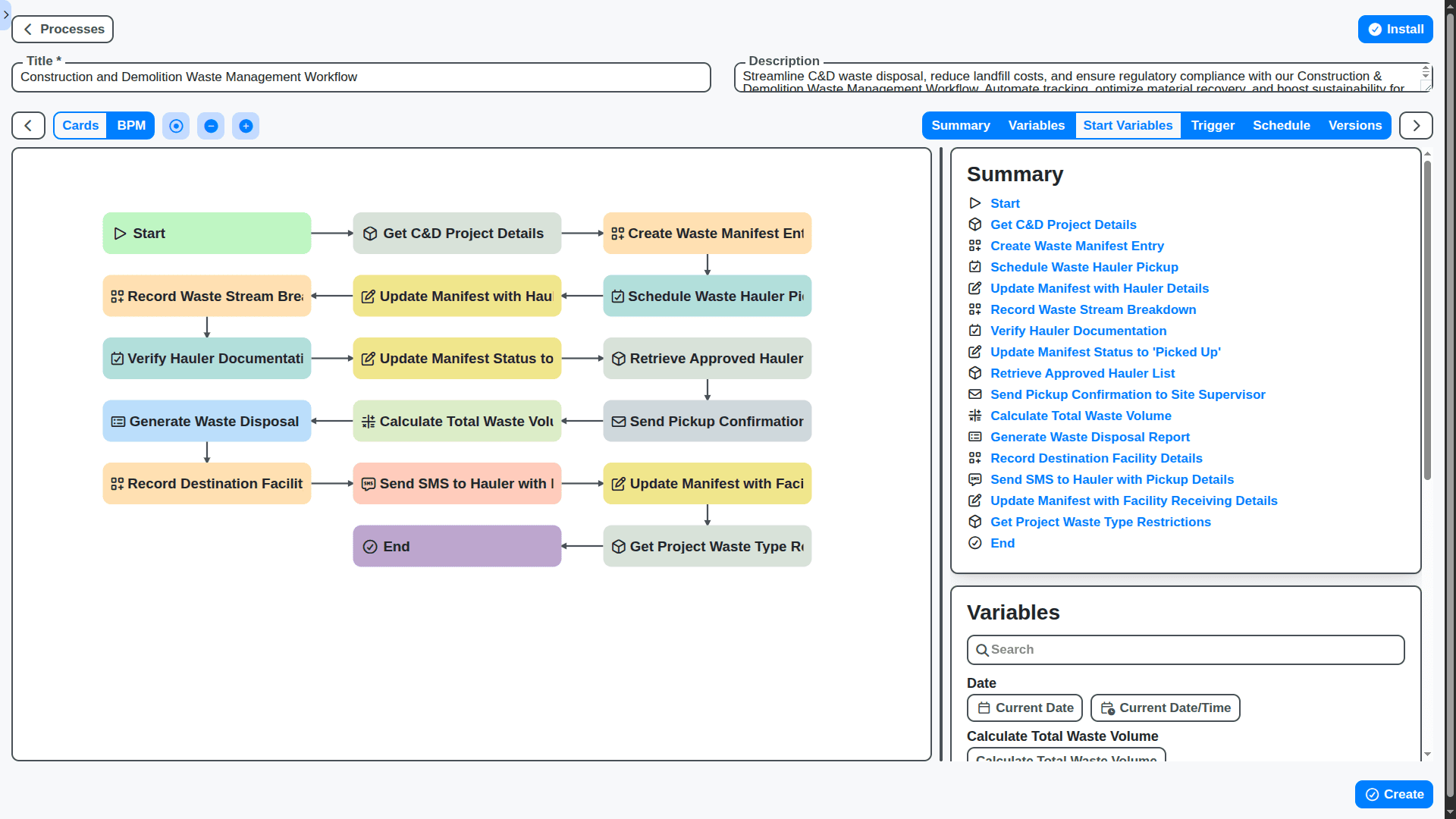project management - construction and demolition waste management workflow