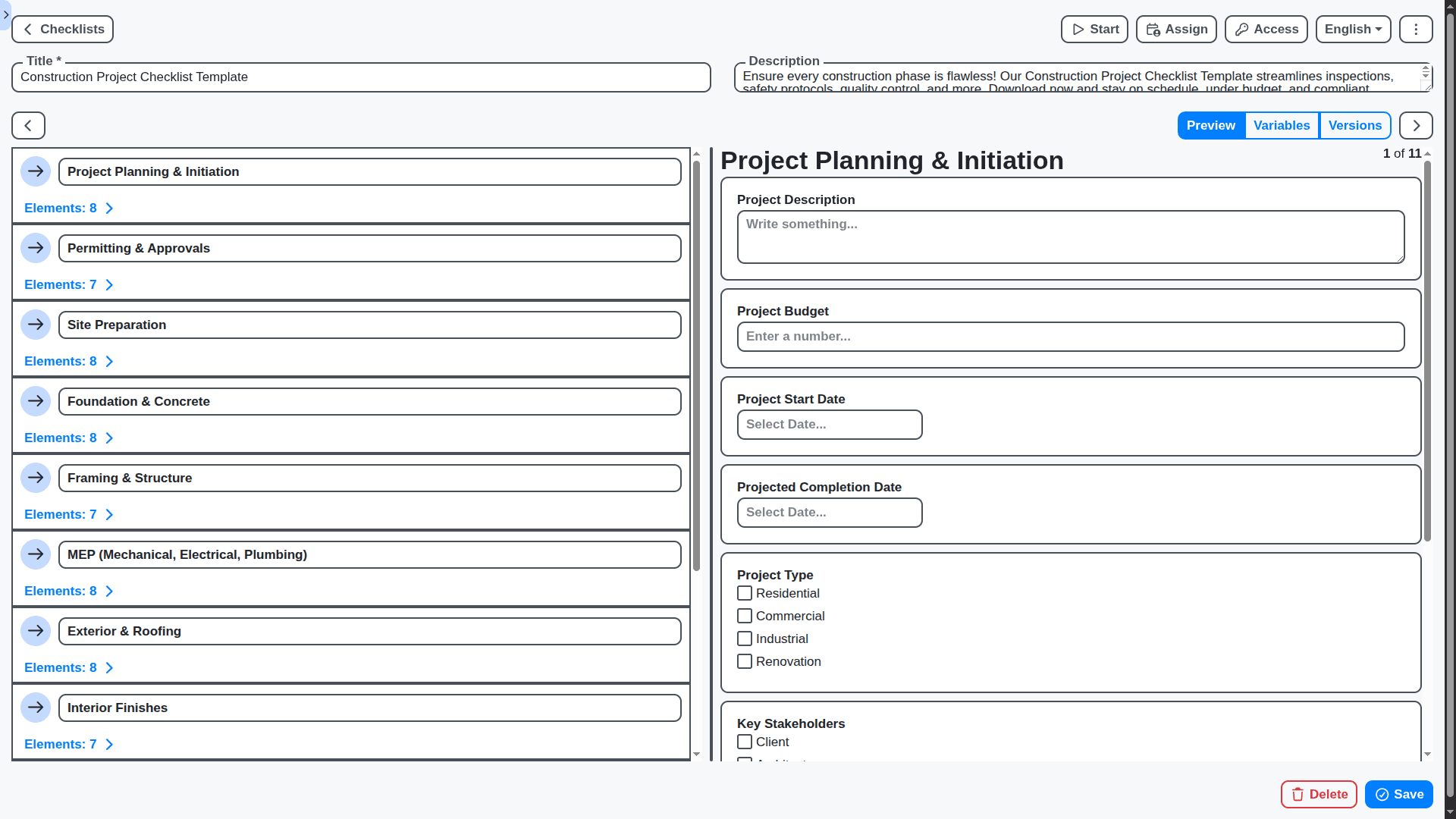 project management - construction project checklist template