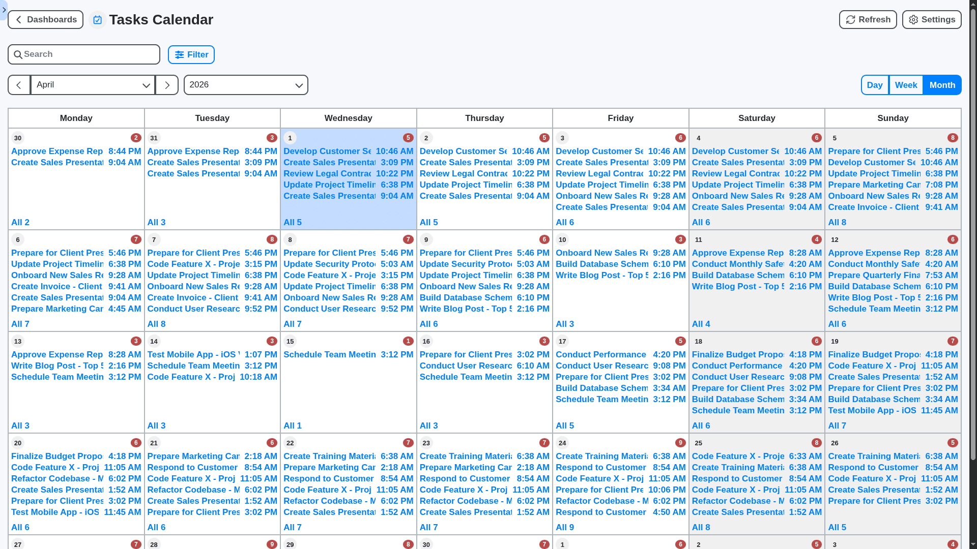 project management - project tasks calendar