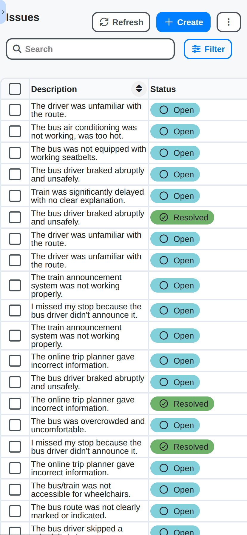 public transport management - issue table on mobile phone