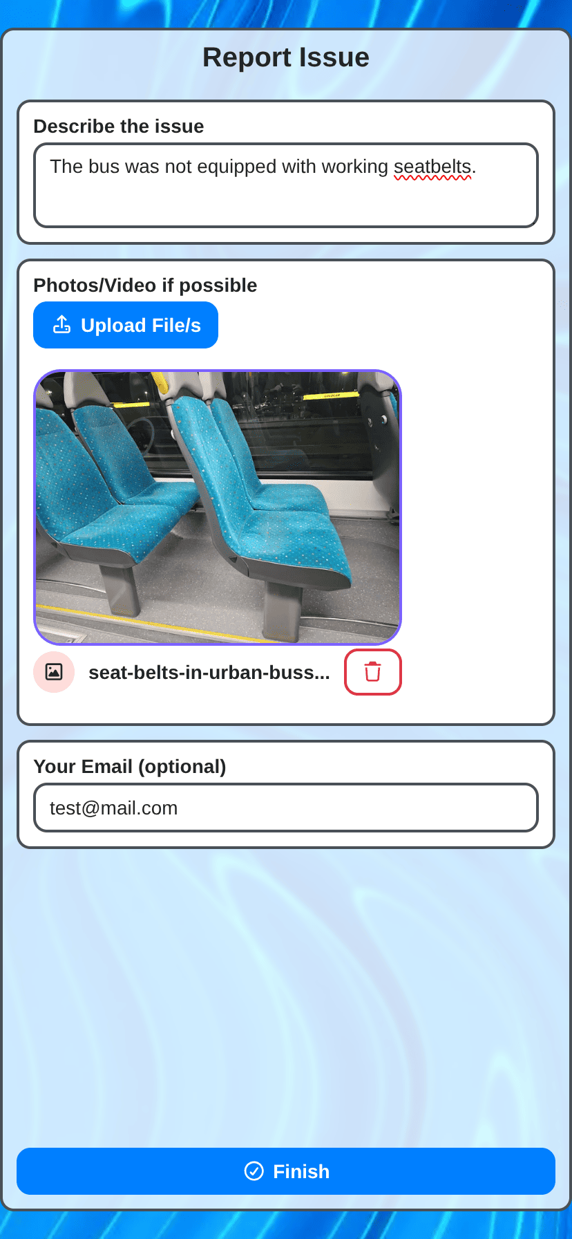 public transport management - report issue on bus public form on mobile form