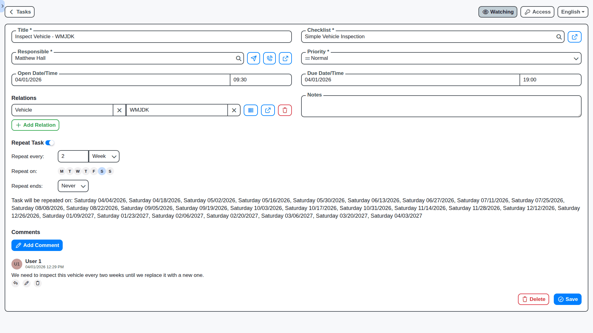 public transport management - vehicle inspection repetition task every 2 weeks