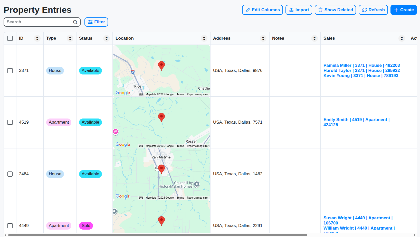 real estate properties table screenshot