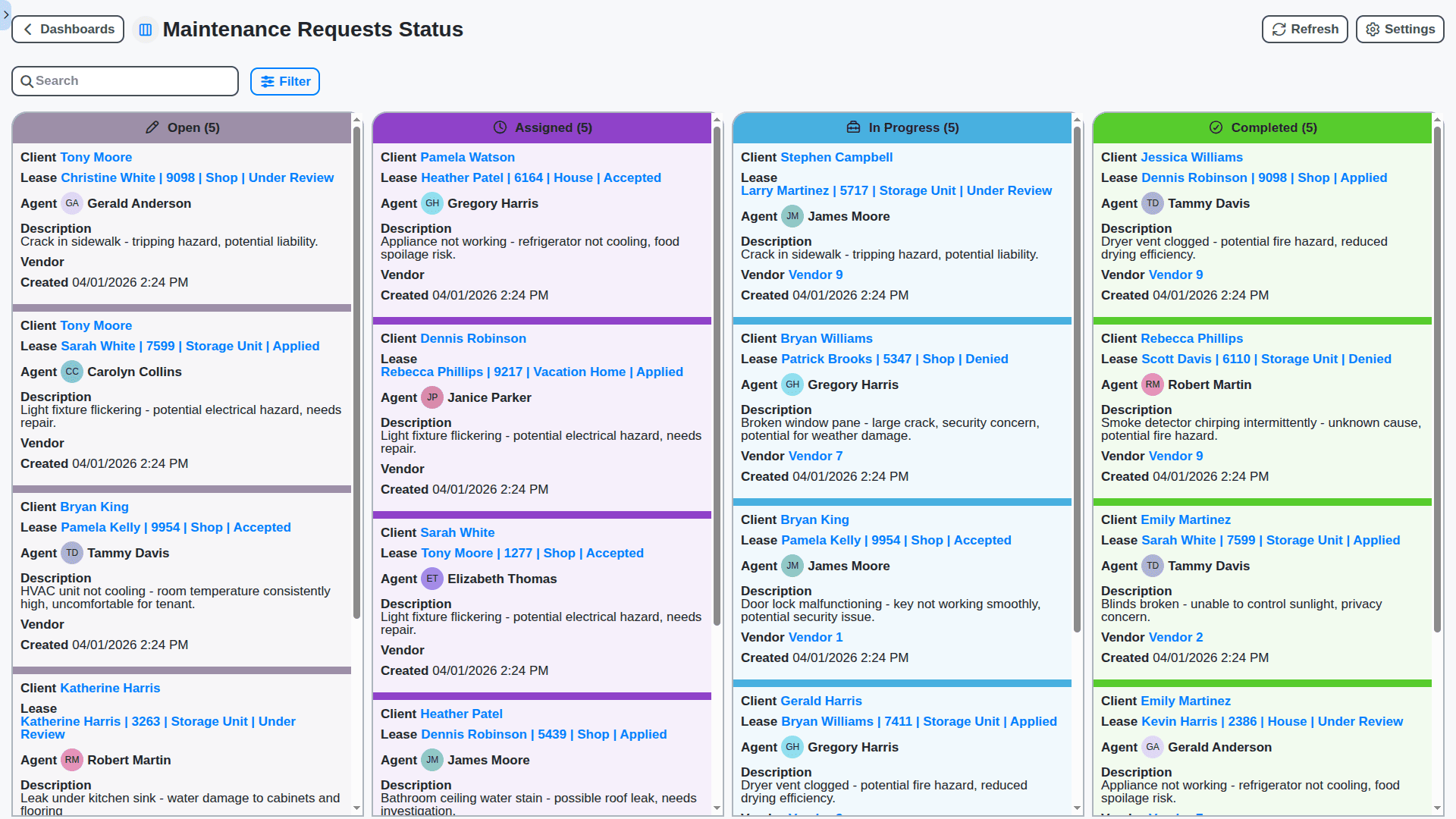 real estate management - maintenance requests status board