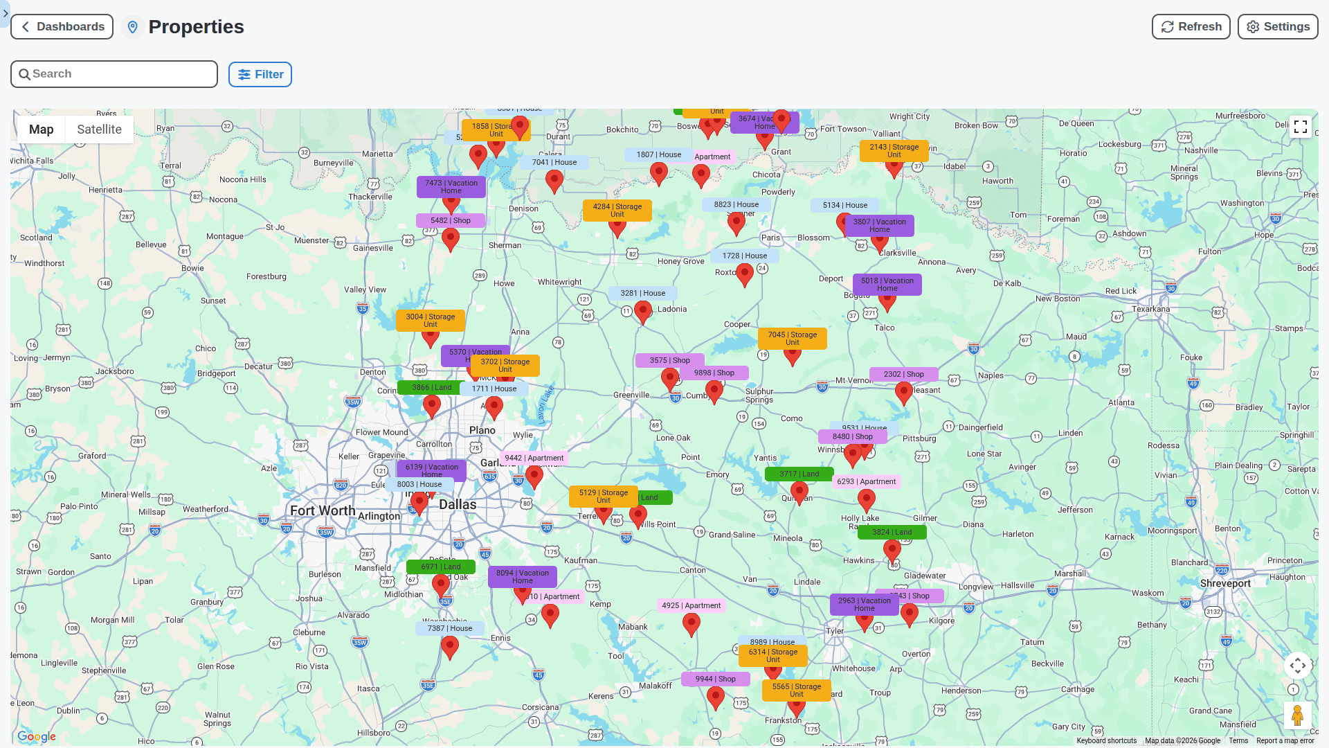 real estate management - properties map dashboard
