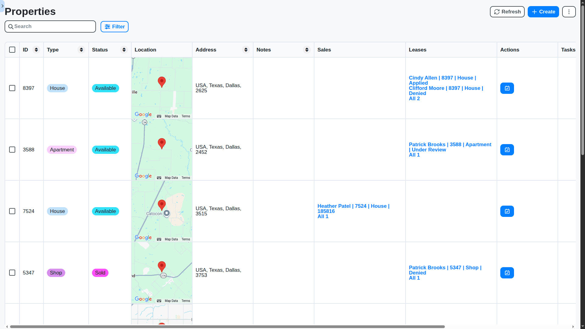 real estate management - properties table view
