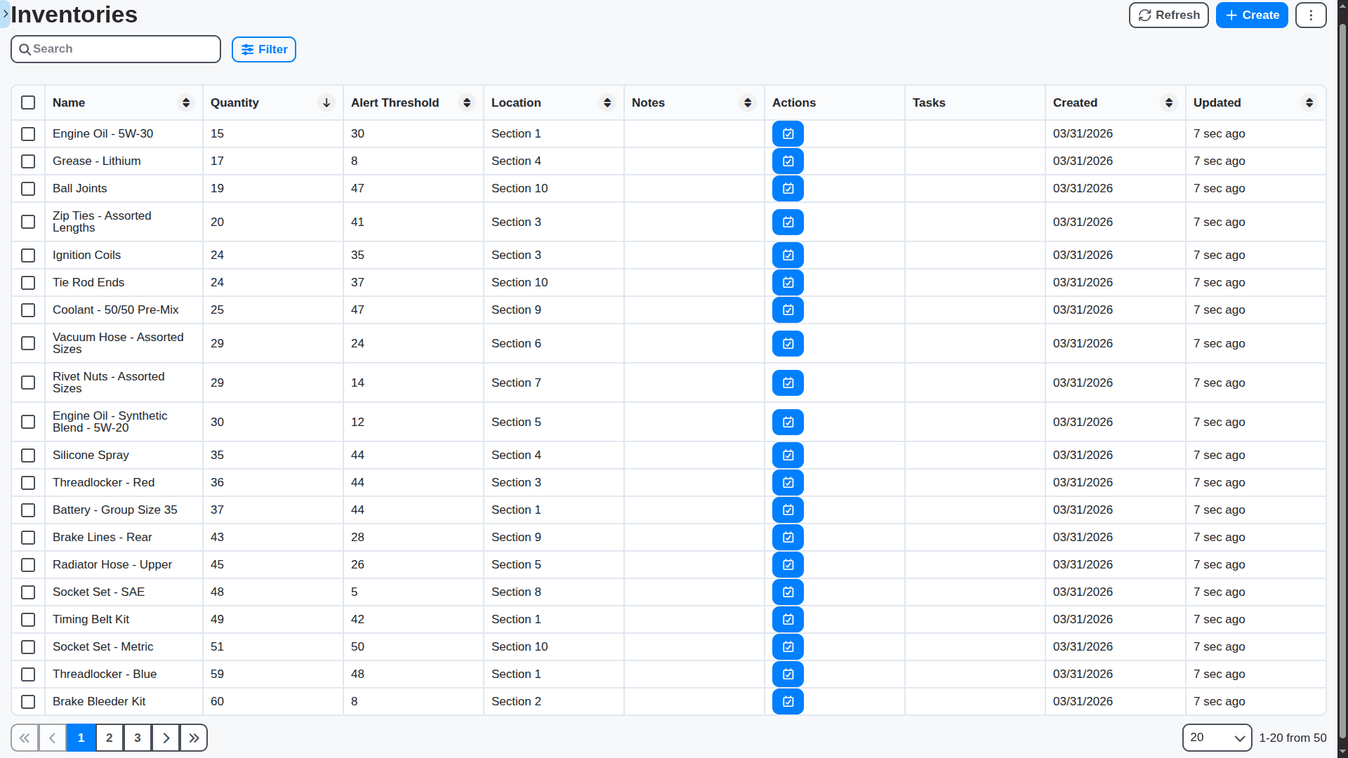 auto repair shop management - inventories table sorted by lowest quantity