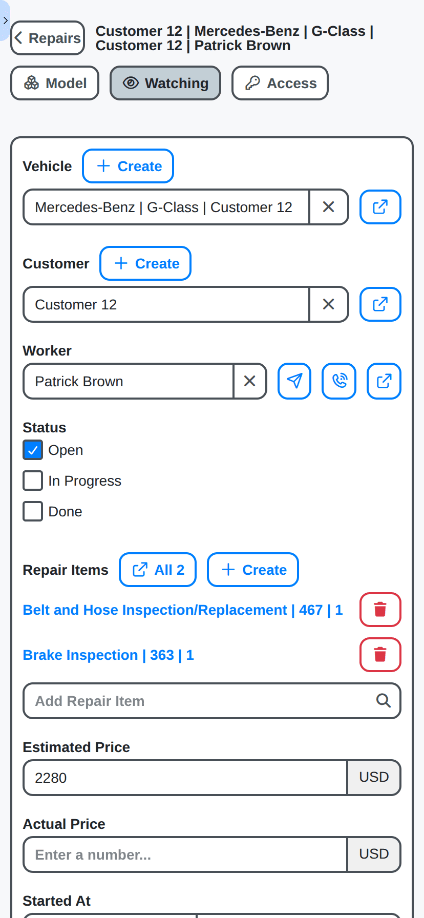 auto repair shop management - repair data entry on mobile phone
