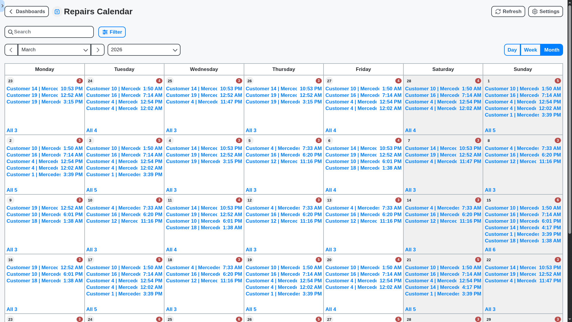 auto repair shop management - repairs calendar dashboard