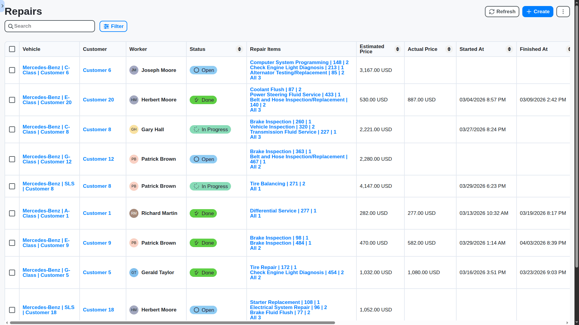 auto repair shop management - repairs table
