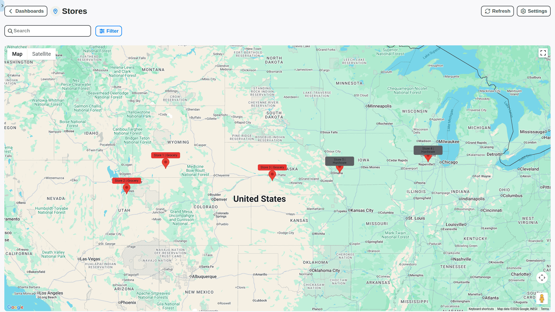 retail management - stores map dashboard