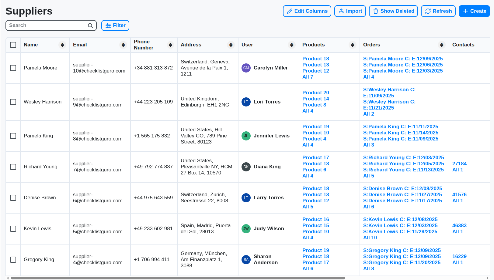 scm suppliers table screenshot