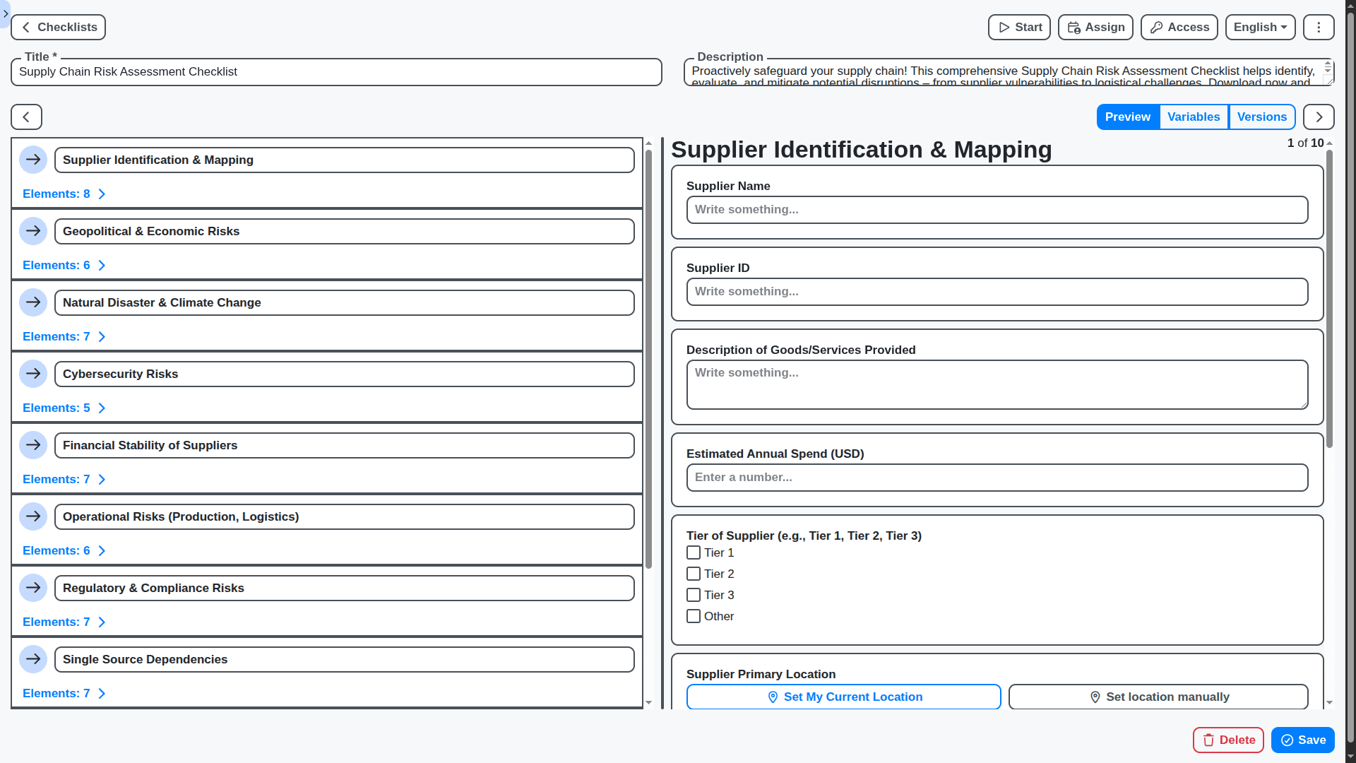SCM - supply chain risk assessment checklist