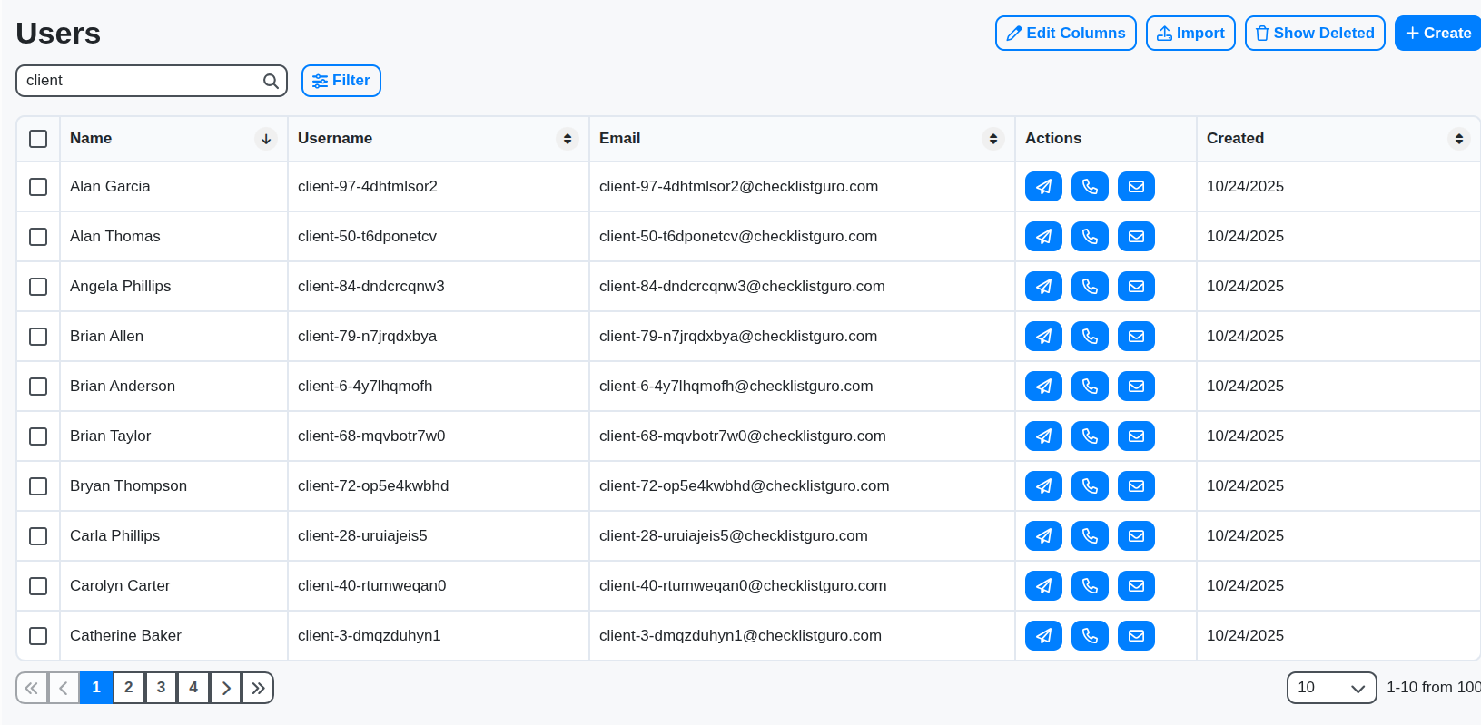 support client users table screenshot
