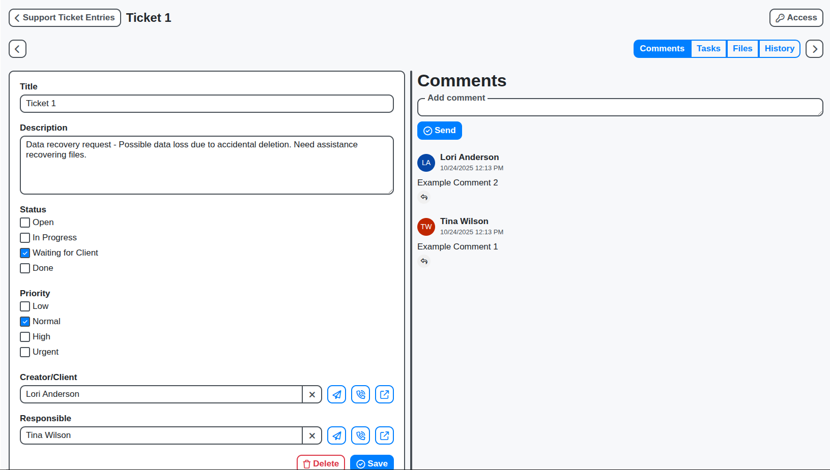 support ticket entry screenshot