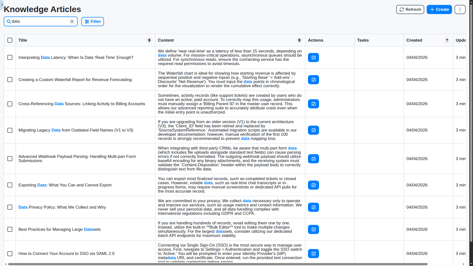 support management - knowledge articles search table view
