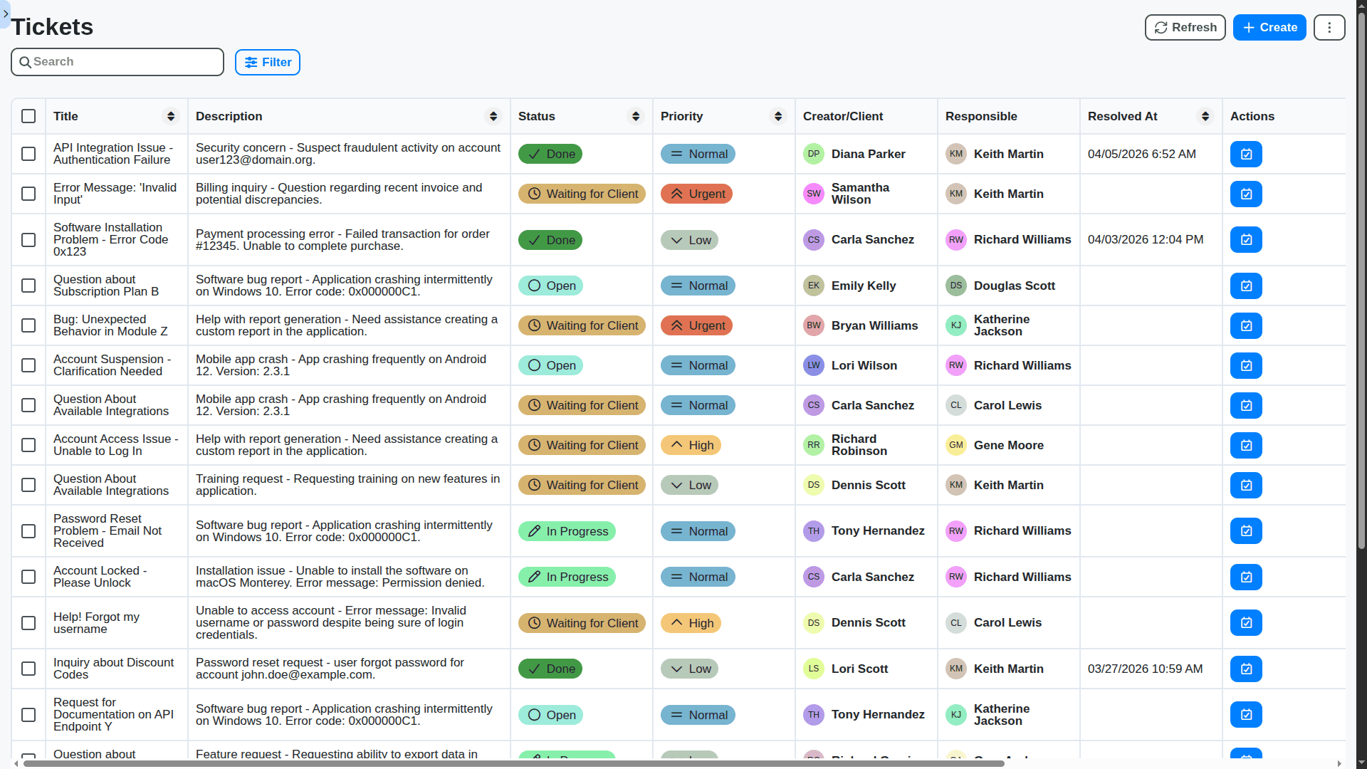 support management - support tickets main table view