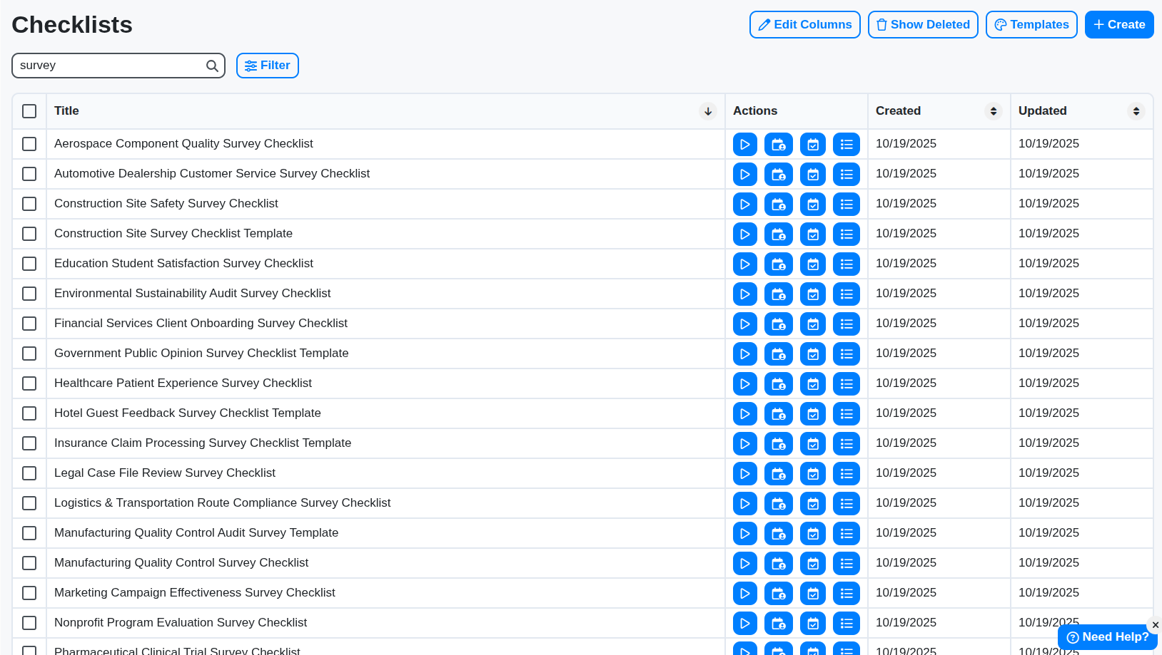 list of survey checklist templates