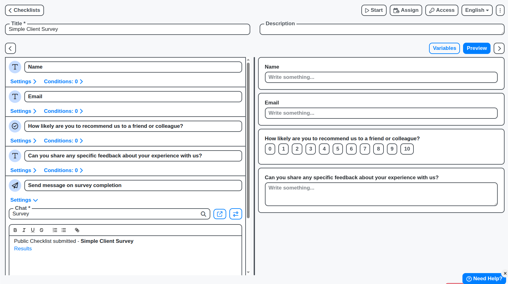 simple client survey checklist screenshot