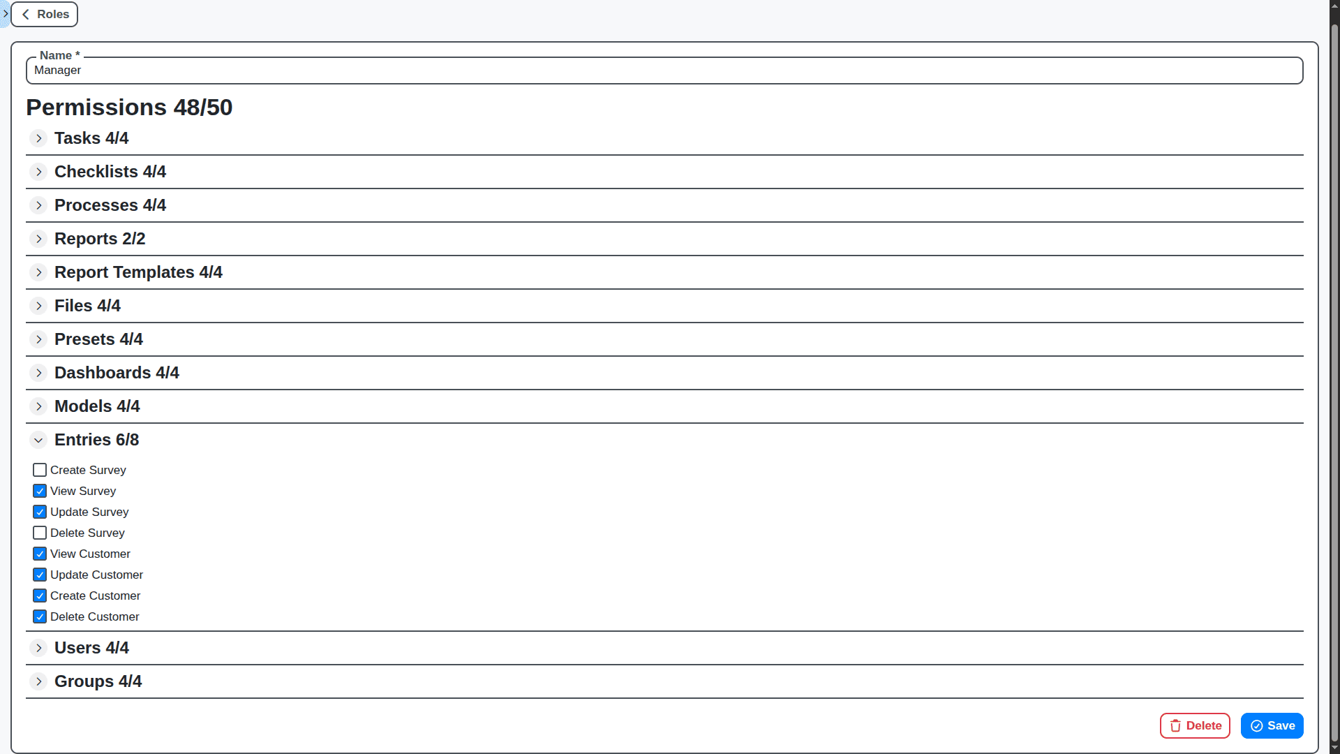 survey management - manager role permissions view