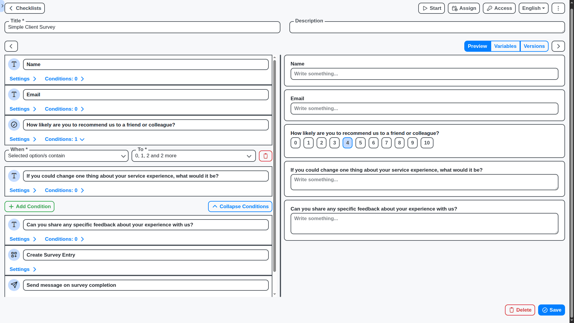 survey management - simple client survey with conditional logic questions