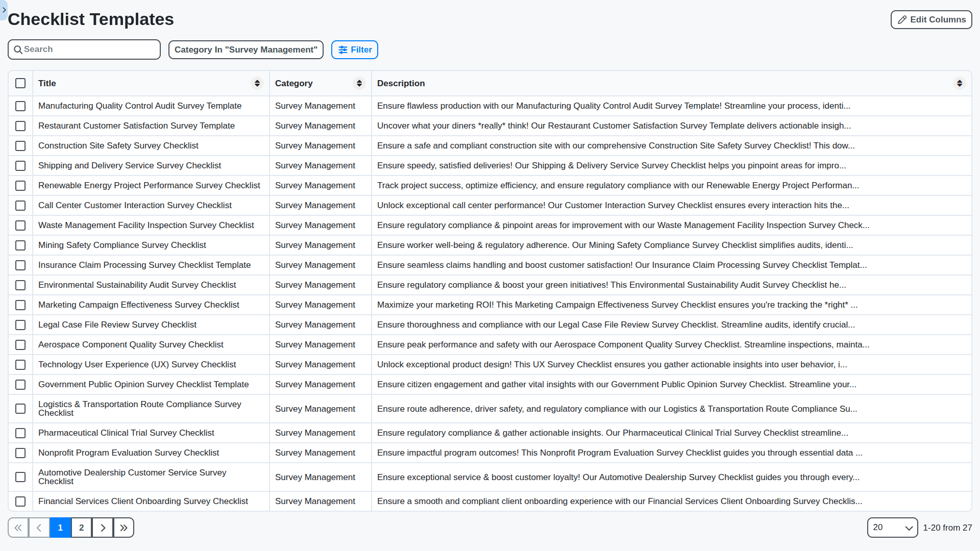 survey management - survey checklist templates library