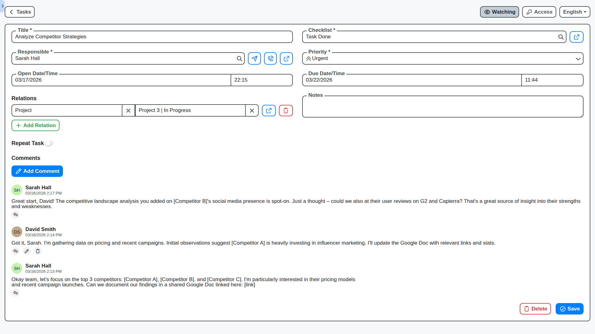 task management task comments tread