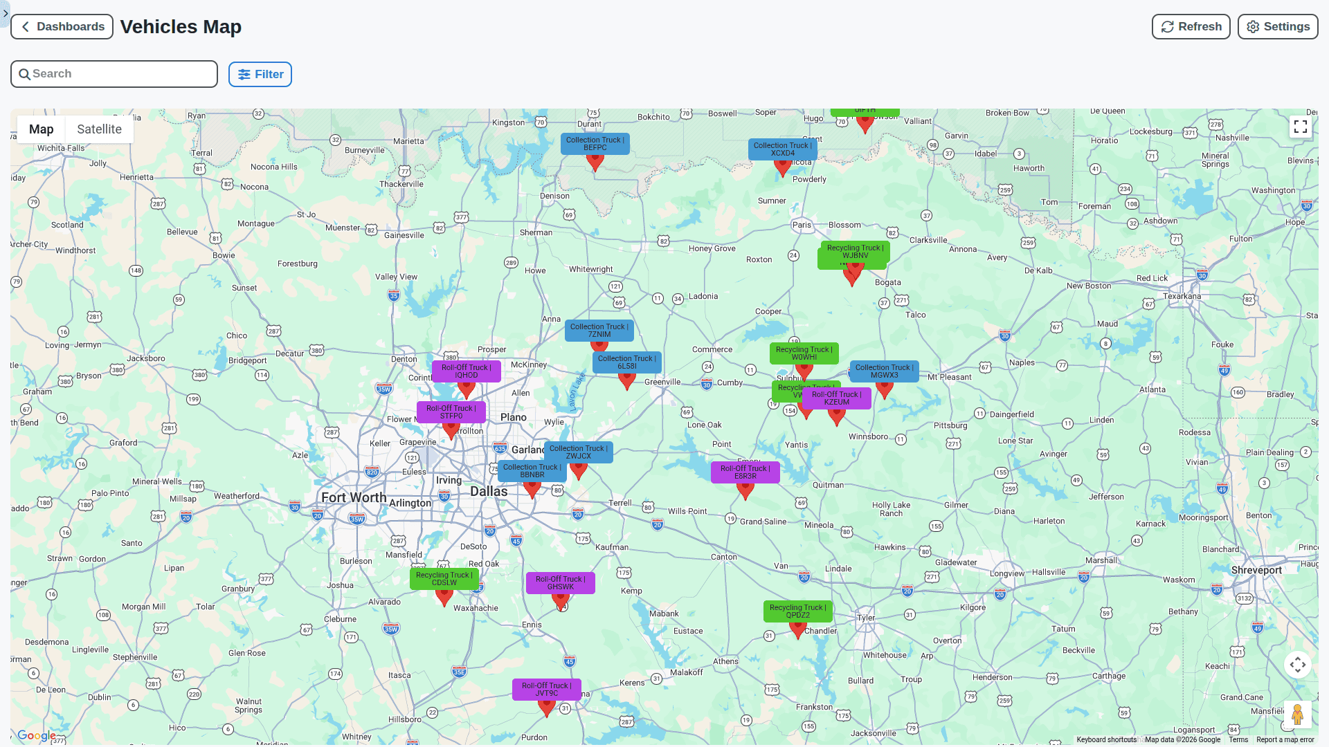 waste management - collection vehicles current location dashboard