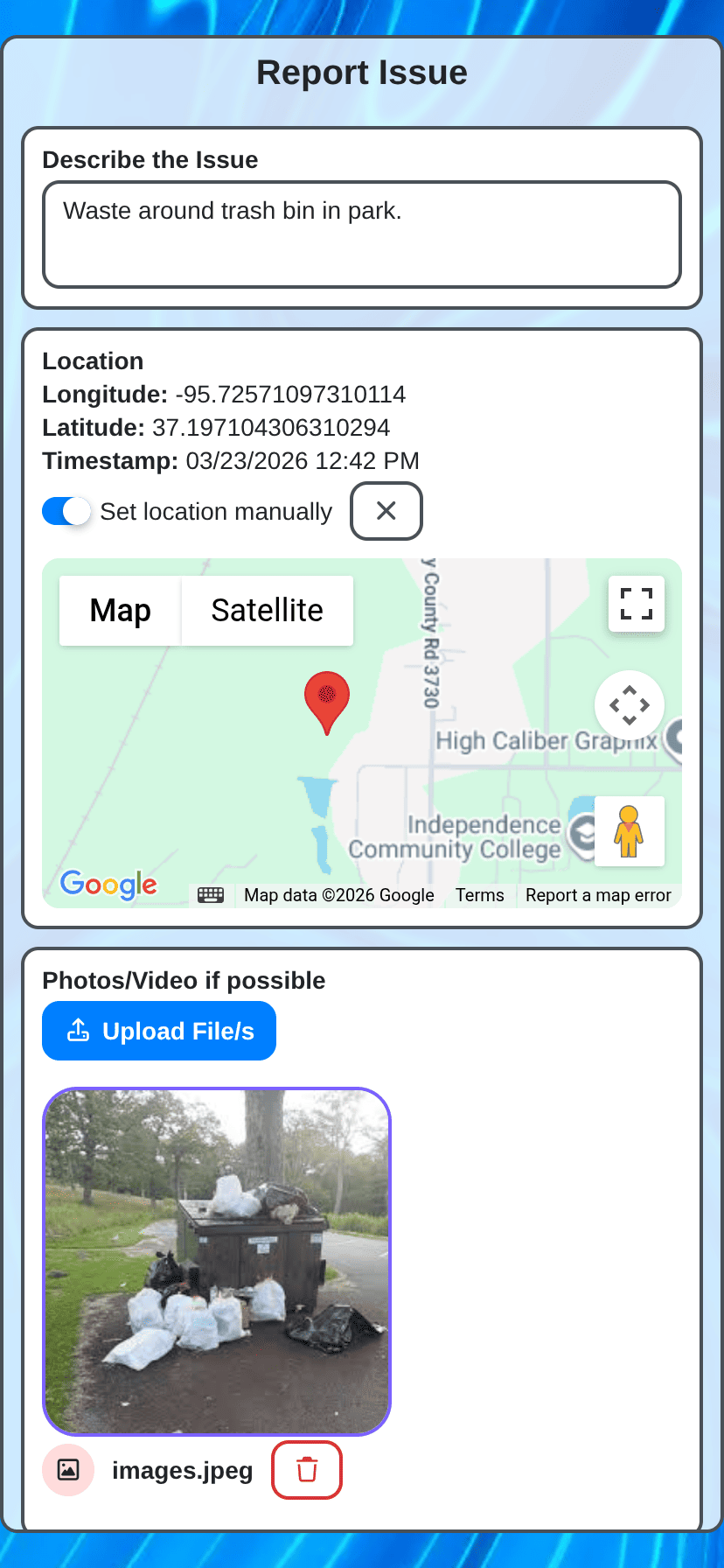 waste management - report waste public form on mobile phone