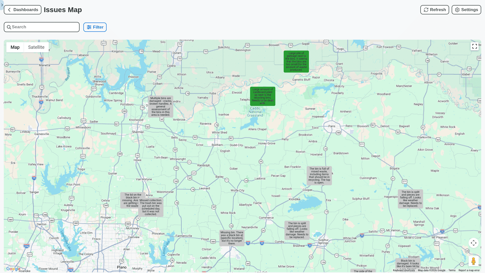 waste management - reported issues map dashboard