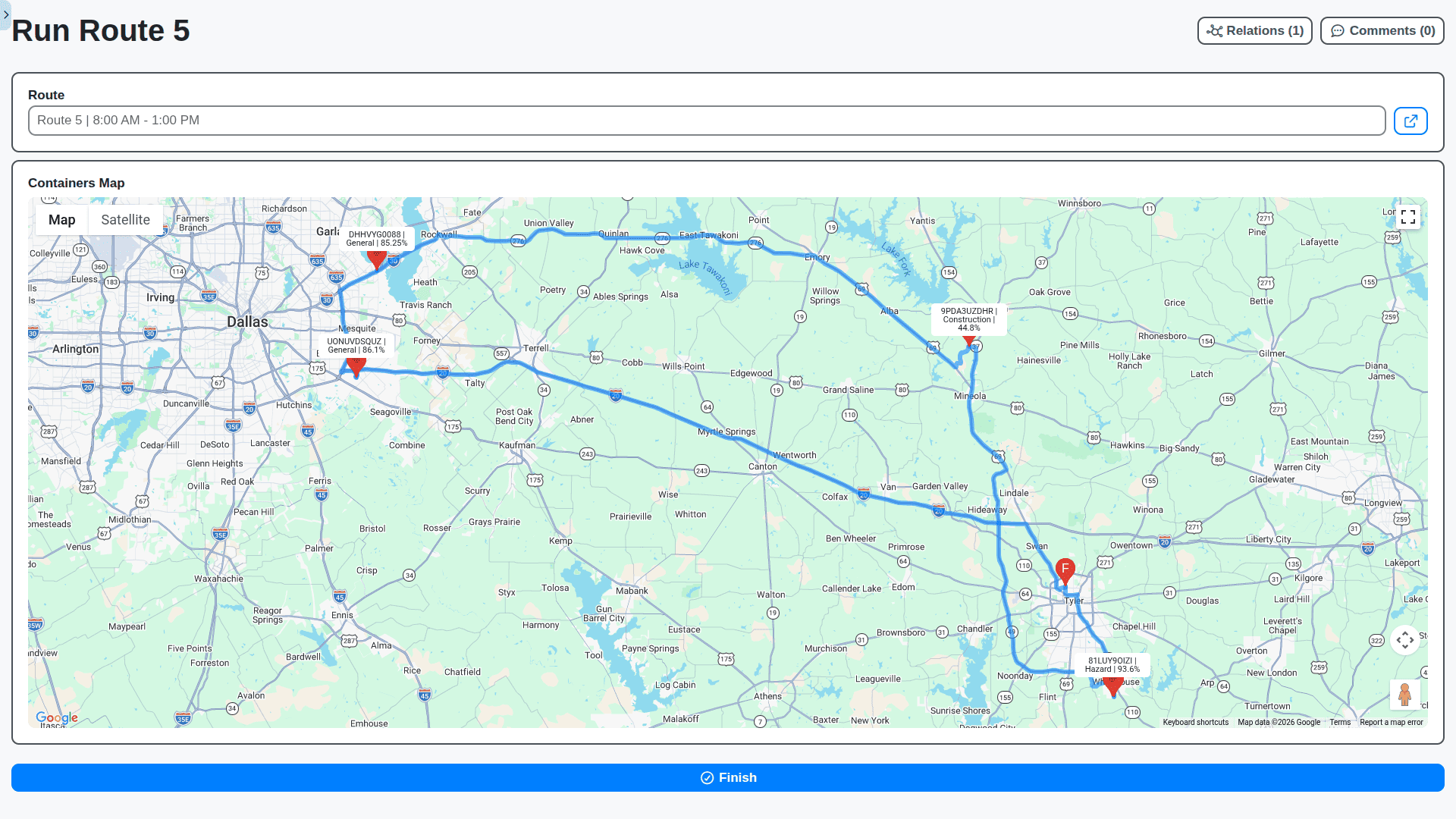waste management - waste collection route task with collection points map