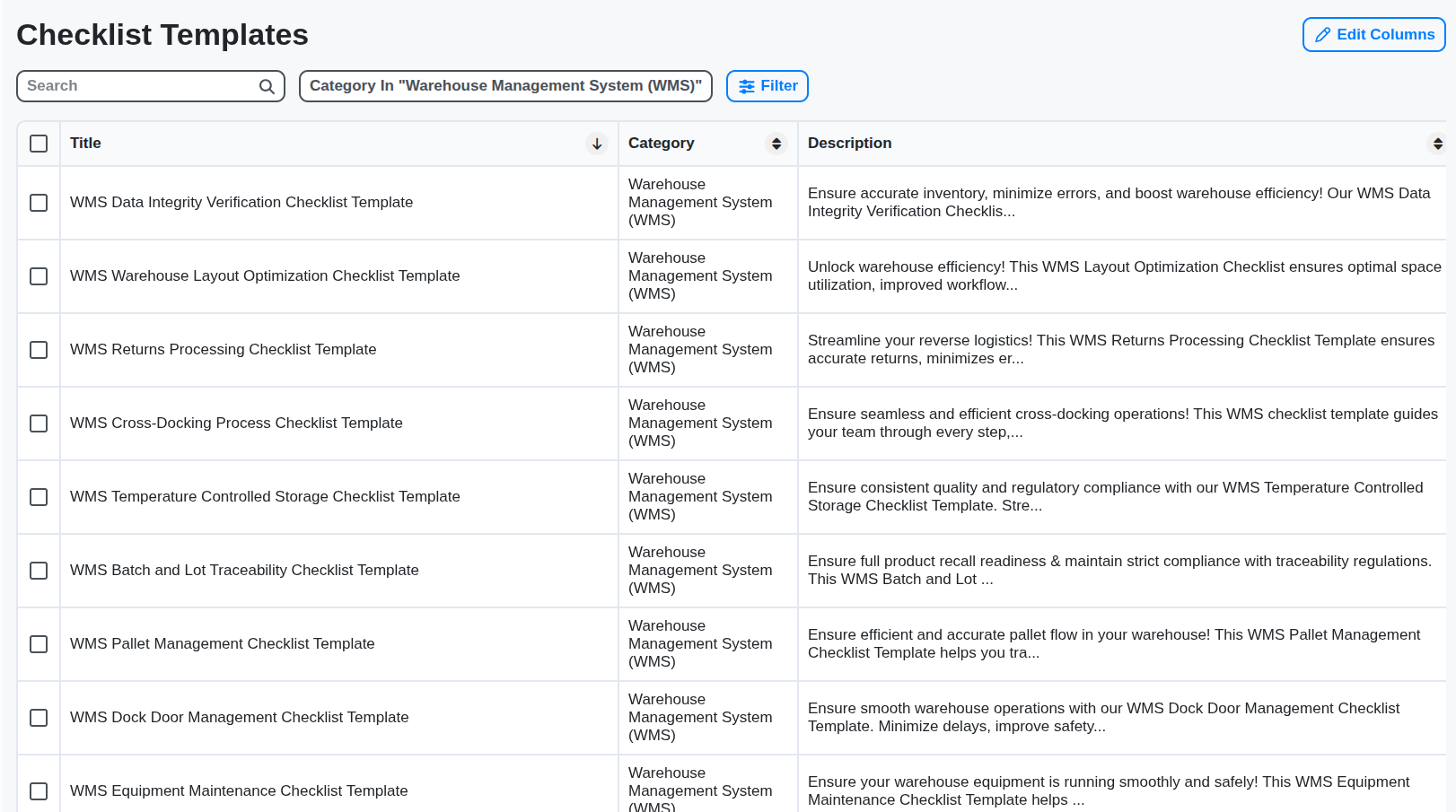wms checklist templates table