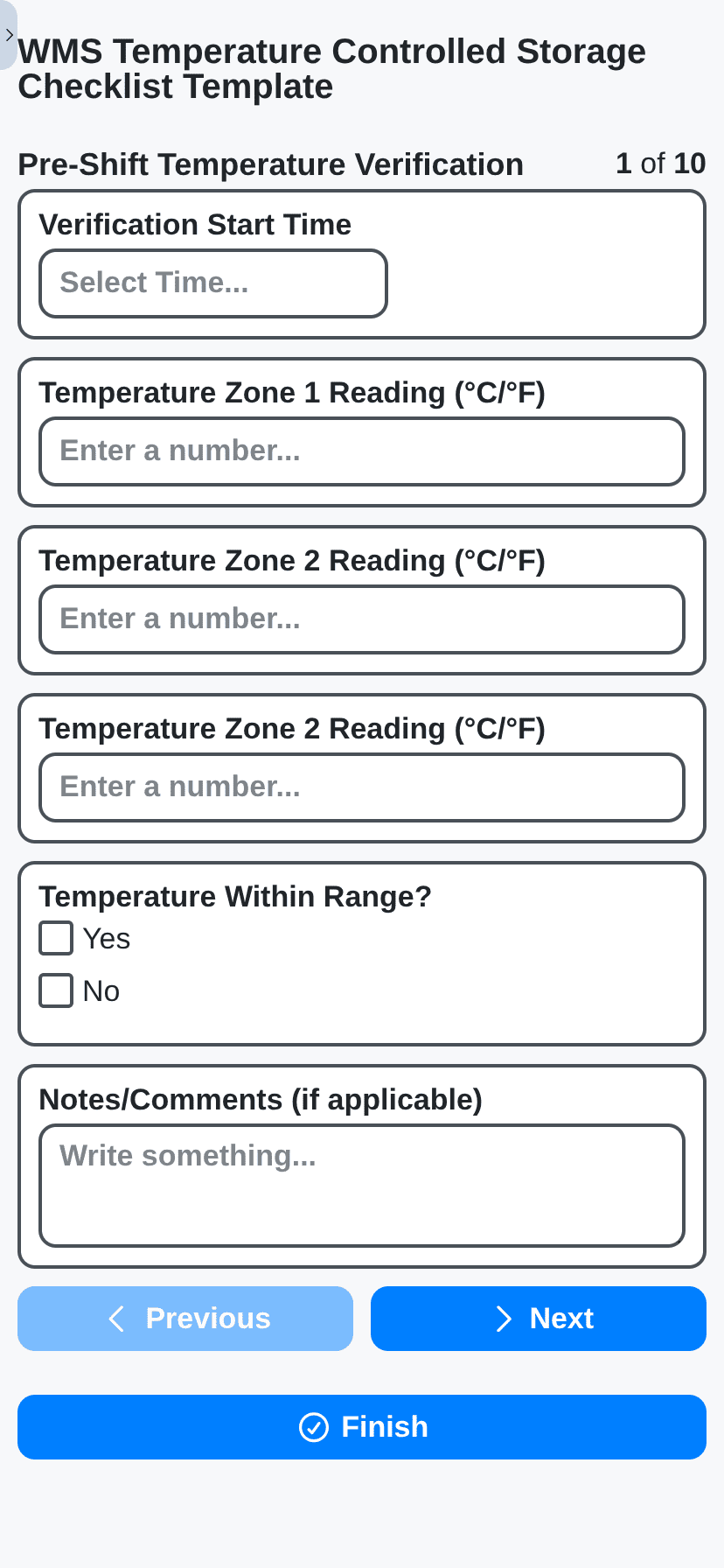 wms temperature controlled storage checklist on mobile phone